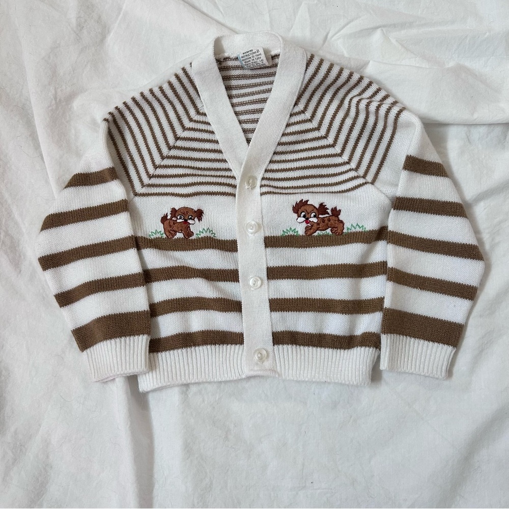 Vintage striped brown dog embroidered sweater cardigan size 18 months acrylic
